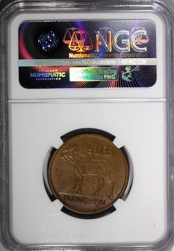 NORWAY Olav V Bronze 1961 5 Øre NGC MS64 BN ONLY 1 GRADED HIGHEST KM# 405 (071) - Picture 3 of 4