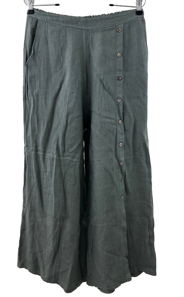 TG.U Italy Linen Large PANTS Olive Green Wide Slit Legs