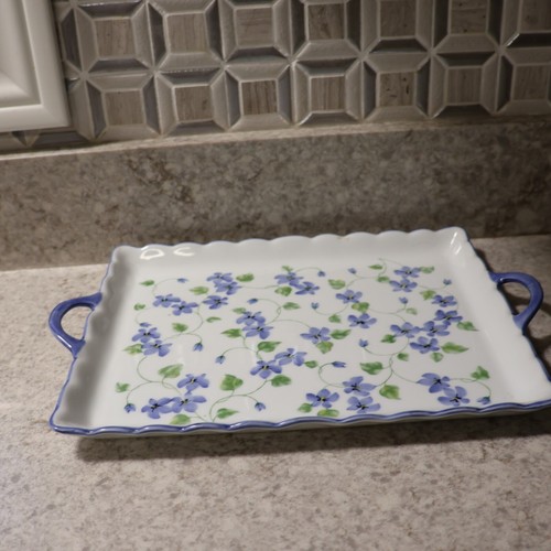 Andrea By Sadek Serving Plate Tray with Handles Ceramic 13” X 9” Purple Violets - Picture 8 of 8