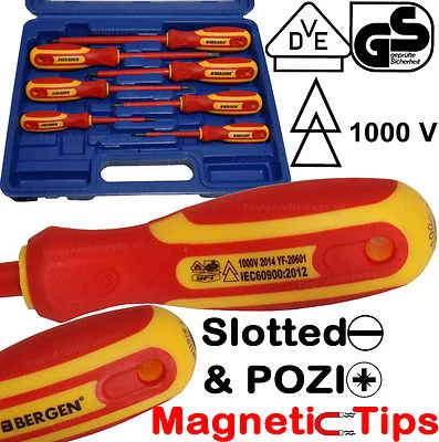 US PRO BY BERGEN BERGEN VDE 1000v Insulated Electricians Screwdriver Set Magnetic Pozi Slott Tips