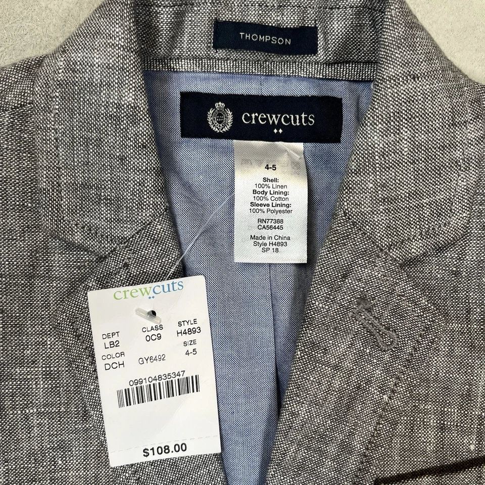 New Crewcuts Boys Gray Thompson 100% Linen Blazer Sz 4-5 Single Vent Classic NWT - Image 4 of 4