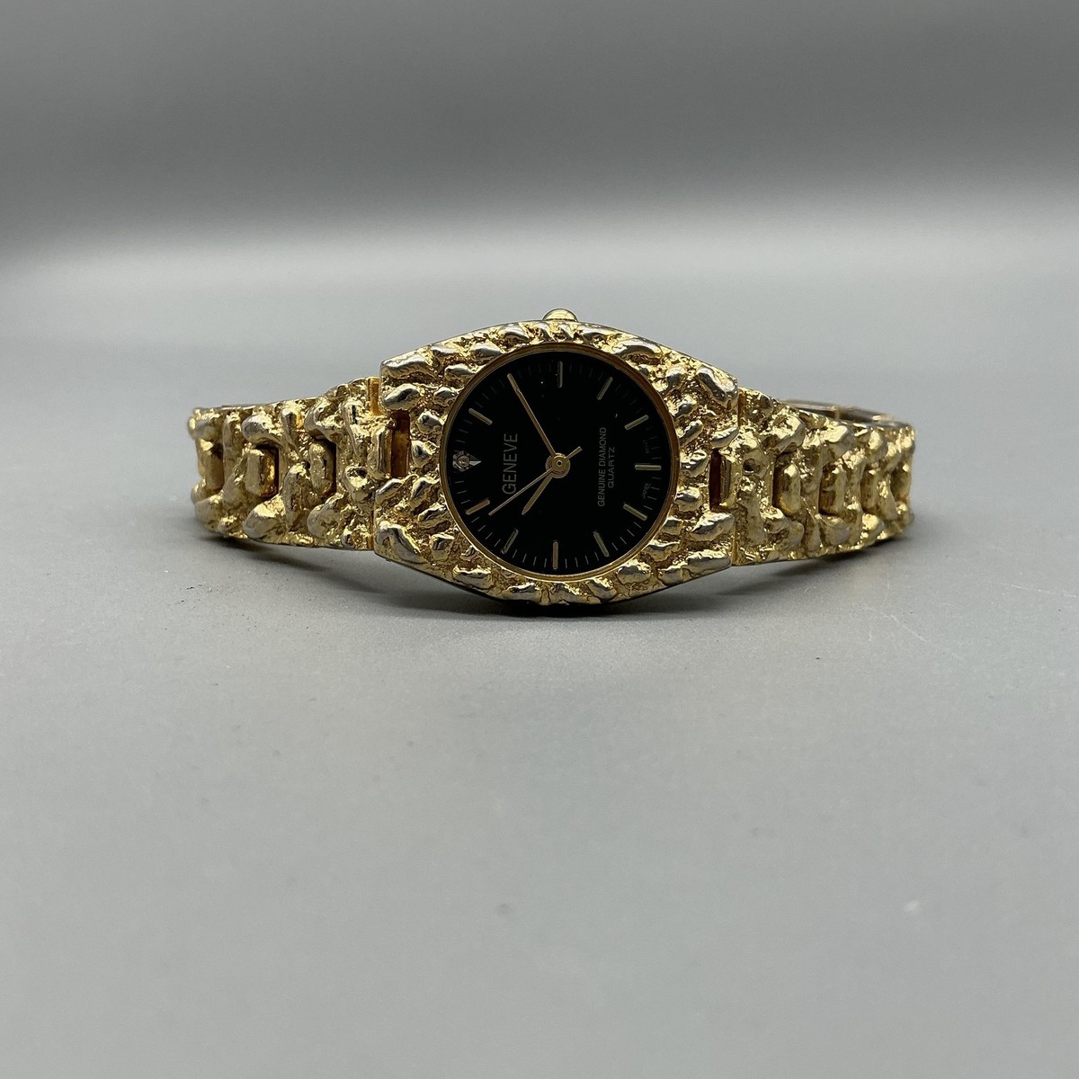 VTG‎ GENEVE Women\'s Watch 25MM Gold Case Bracelet Black Dial Date 7\