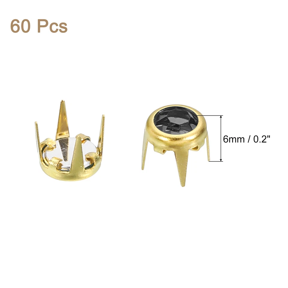 60 Pcs Rhinestone Studs, 6mm Round Rivets Claw Beads Nailhead, Gold/Black - Image 2 of 4