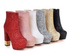Women's High Block Heels Glitter Sequins Ankle Boots Party Dress Platform Shoes