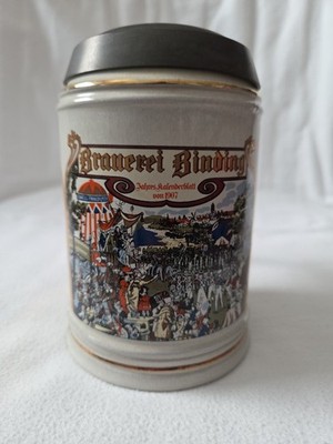 Bierkrug mit Zinndeckel Steingut Binding mit Kalenderblatt 1907