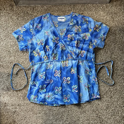 #ad Landau VTG Scrub Top Blue Tie Dye Embroidered Butterflies V Neck Empire Waist $10.00