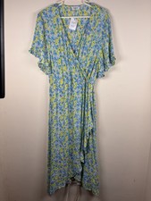 BNWT Simply Be Yellow Blue Floral Dress Fixed Wrap Ruffle Summer