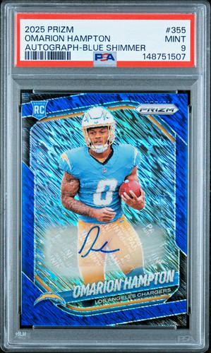 Omarion Hampton RC 2025 Panini Prizm FOTL Blue Shimmer 25/25 Auto PSA 9 Chargers