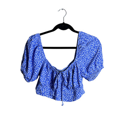 DeFacto Floral Crop Top Blue Boho Puff Sleeve L