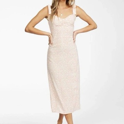 Billabong Amor Midi Dress Size Medium Smocked Sundress Pink Floral Shoulder Ties