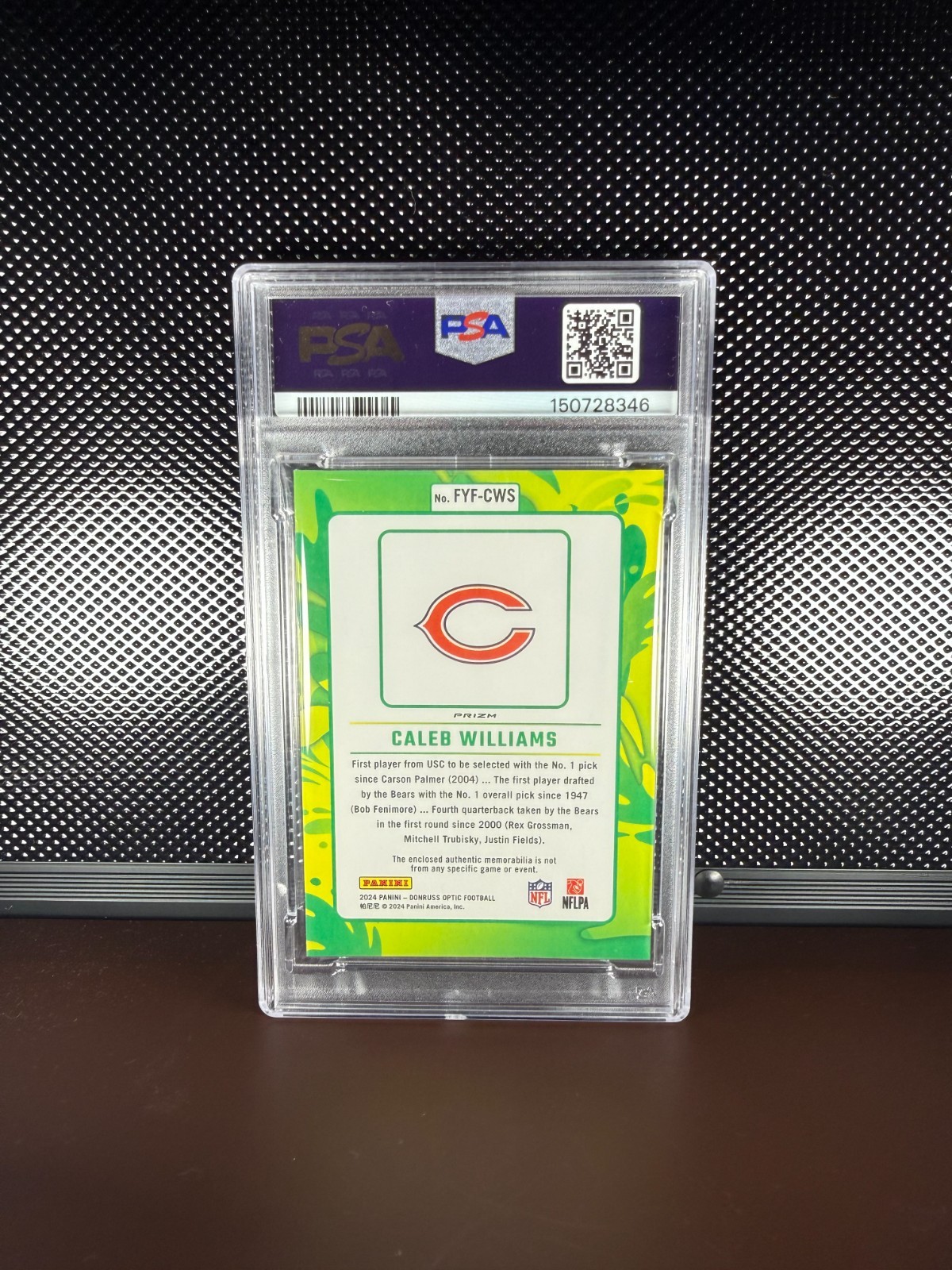 2024 Donruss Optic Caleb Williams First Year Fresh RC/MEM Jersey #FYF-CWS PSA 10 view 2