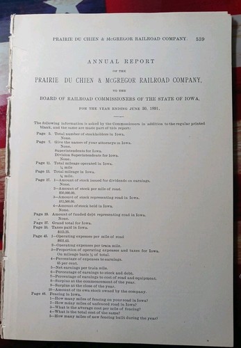1891 Iowa Annual Report PRAIRE DU CHEN & MCGREGOR RAILROAD 6 Pages antique Train