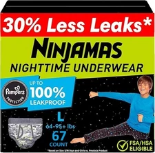 Ninjamas Boys Bedwetting Nighttime Underwear Size L 64-95+ lbs 67 Count