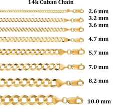 14k Solid Yellow Gold Cuban Link Chain 10"To 24" Long- 2.6 mm To 10 m wide