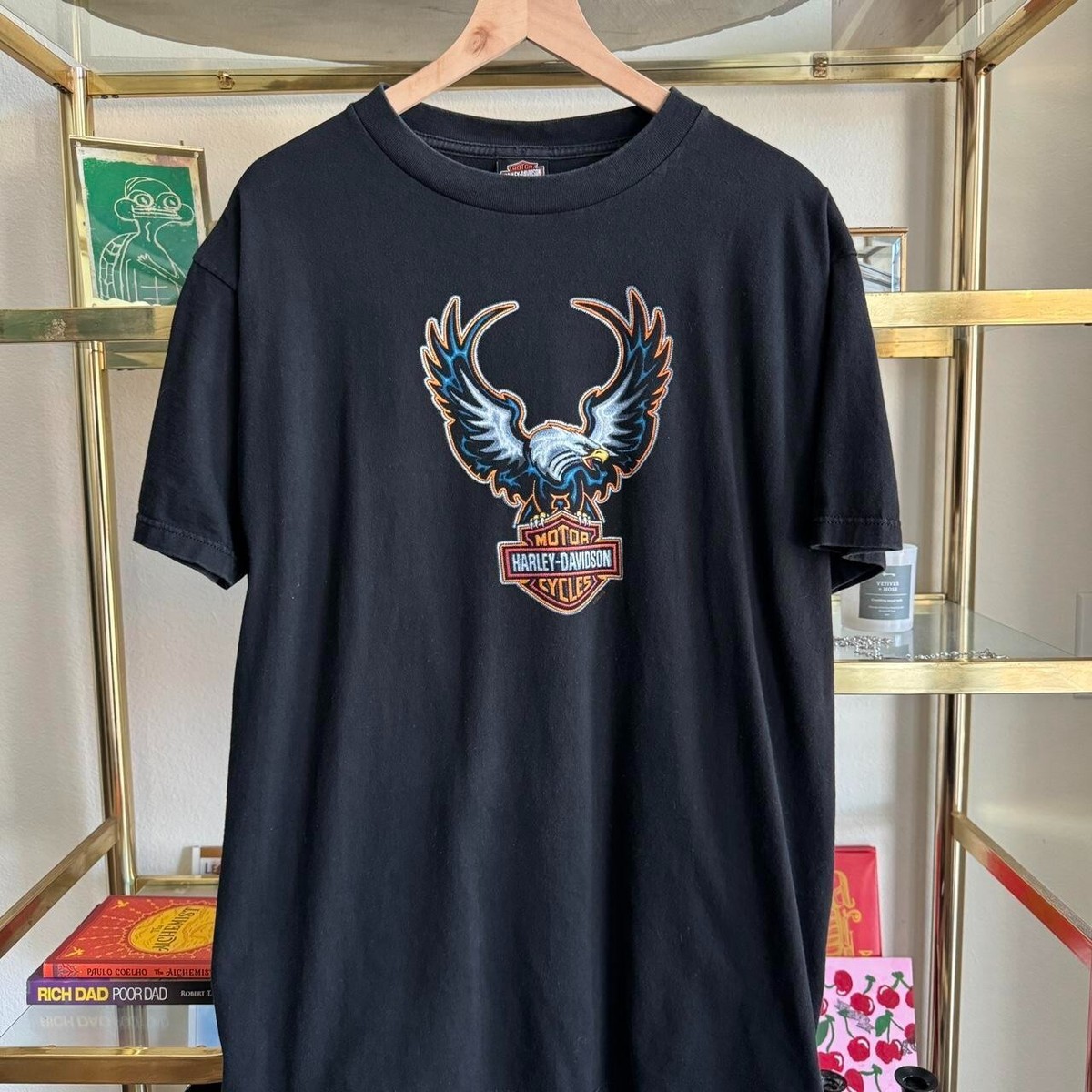 Vintage Late 90s Harley Davidson Motorcycle Eagle Black T Shirt