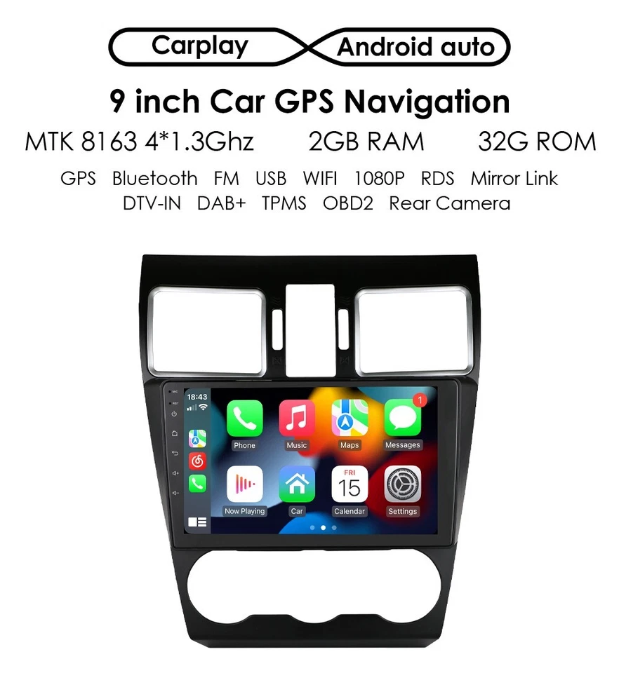 Radio estéreo para automóvil Carplay GPS navegación 2 GB+32 GB para Subaru Forester/XV/WRX 2015-2018 Foto 2 de 4