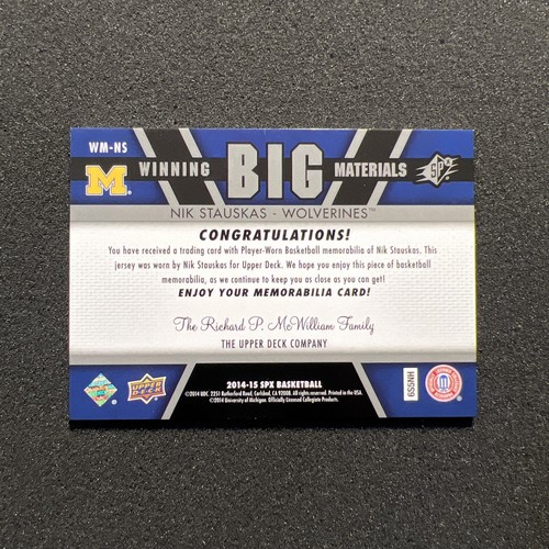 2014-15 Upper Deck Spx NIK STAUSKAS #WM-NS Winning Big Materials JERSEY CARD - Picture 4 of 4