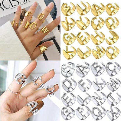 Gold Plated Initial Letters Alphabet Personalized Open Ring Adjustable Women Hot