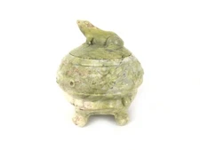Carved Green Soapstone Frog Lidded Bowl Fish 4 3/8" Incense Trinkets Stash