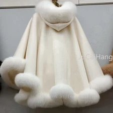 Women's Wool Cape Hooded Ponchos with Fox Fur Trim Around Shawls Cardigan Coat