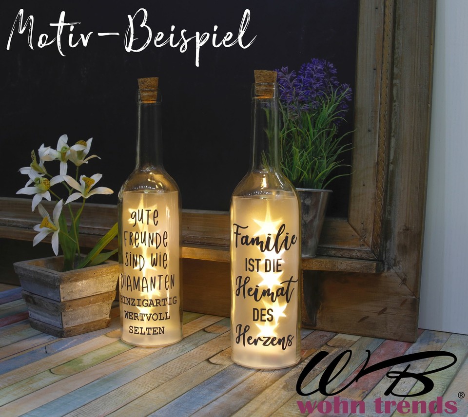 LED-Flasche 'Norddeich Verrückt Mit Möwen' – 29 Cm, Mit Lichterkette, Grau