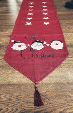 Christmas Holiday Tapestry Table Runner Red with Santa Gold Stars Tassel 68x13"