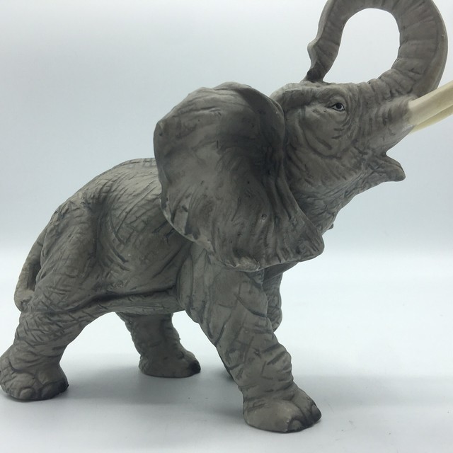 Vtg Bisque Porcelain Trumpeting Grey Elephant Figurine Upturned Trunk