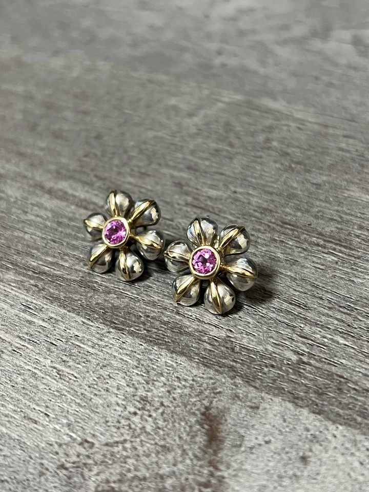 18k Gold & .925 Sterling Silver Pink tourmaline Flower Pedal Earring Studs - Image 3 of 4