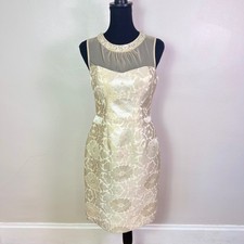 Maggy London Brocade Sheath Dress 4 Gold Embellished Illusion Neck Cocktail Glam