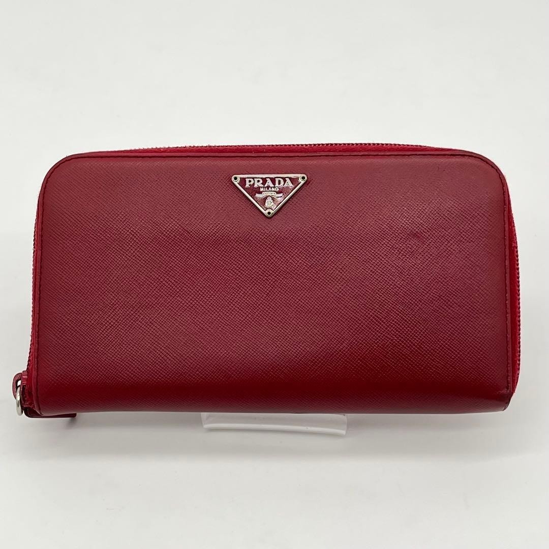 Authentic PRADA Saffiano Leather Zip Around Long Wallet Triangle Logo Red