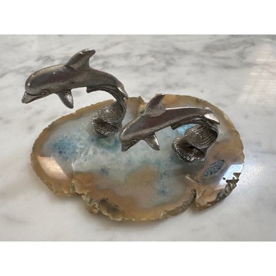 Tom & Susan Storfa Dolphin Figurine on Natural Agate Geode Slice Montana Made