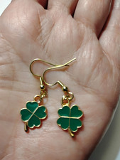 Green Shamrock Earrings Enamel on Gold Irish Clover St Patricks day FREE SHIP