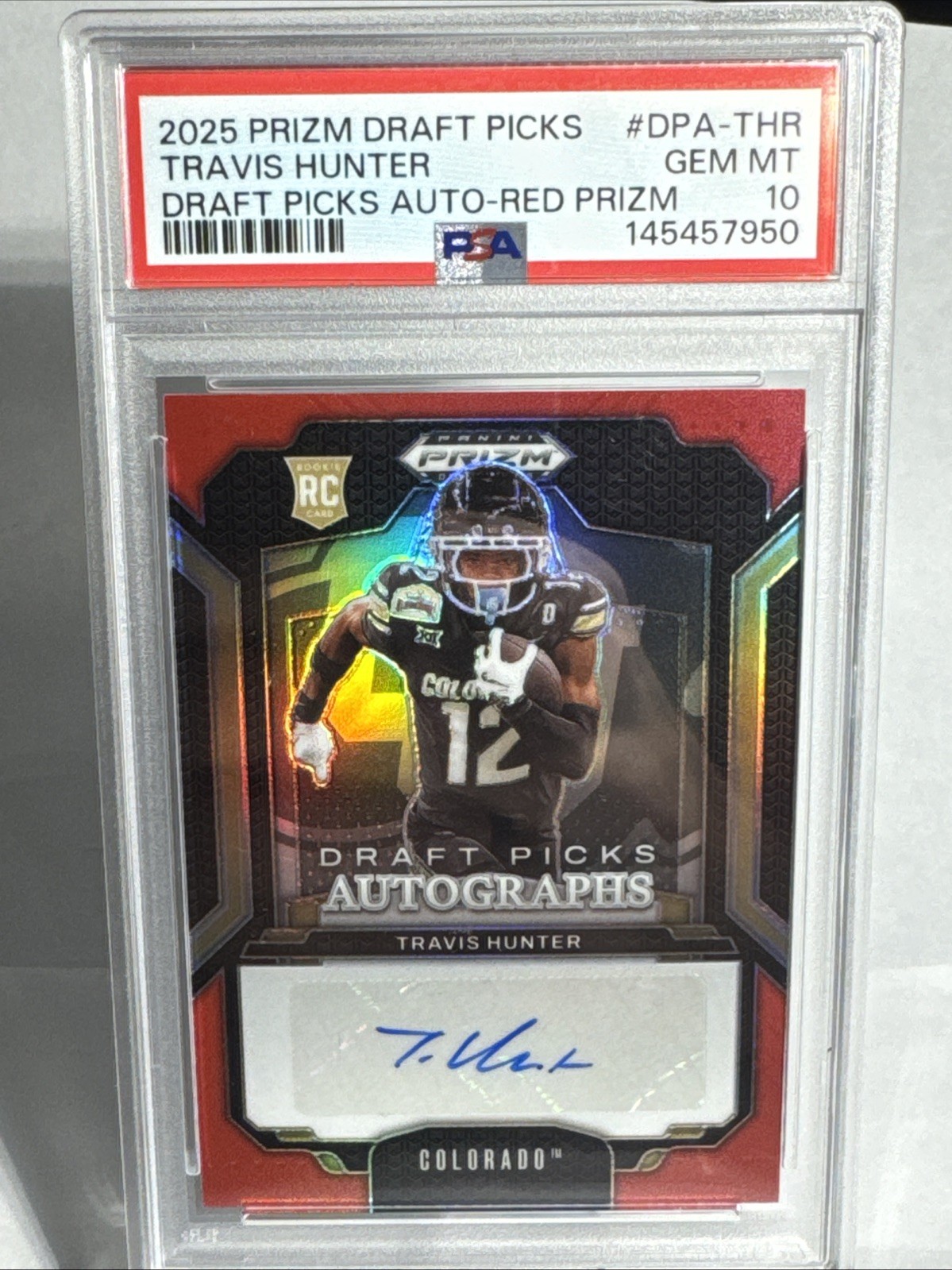 2025 Panini Prizm Draft Autographs Travis Hunter Red /100 Red PSA 10 Pop 1! view 1