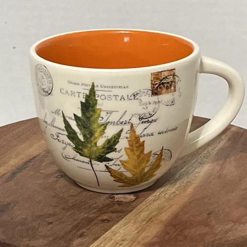 MAGENTA BIG M Rae Dunn CARTE POSTALE Leaves Coffee Mug Orange Interior Vintage