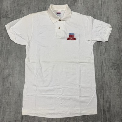 VTG 90S LIPTON TEA ANVIL USA UNISEX WHITE COTTON S/S POLO SHIRT EMBROIDERED SZ M