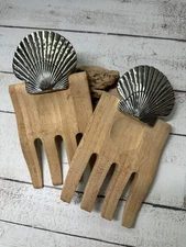 Wooden Salad Tongs With Silver Tone Shell Accents