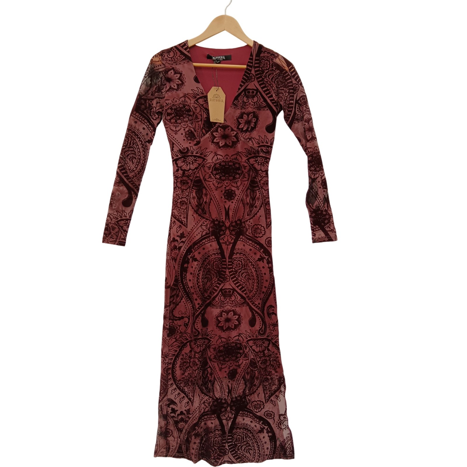 Disturbia Loveday Paisley Print Long Sleeve Midi Dress Size UK 6 Burgundy BNWT
