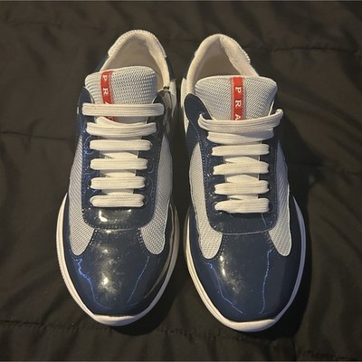 PRADA Men's Low Top Lace-Up Sneakers Blue White Red Logo Athletic