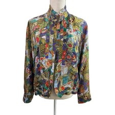 Chico's Silk Jacket Lightweight Open Front Sz 2/ L Abstract Artsy Colorful