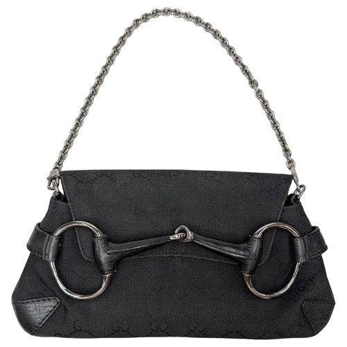Vtg Gucci Tom Ford GC Horsebit Clutch Black Canvas 114923 Chain Strap Purse