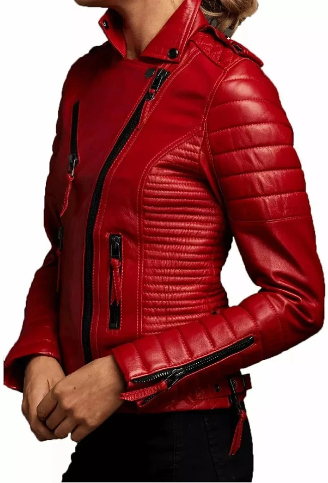 New Women's Red Genuine Lambskin Real Leather Biker Quilted Slim Fit Coat Jacket - Image 3 of 4