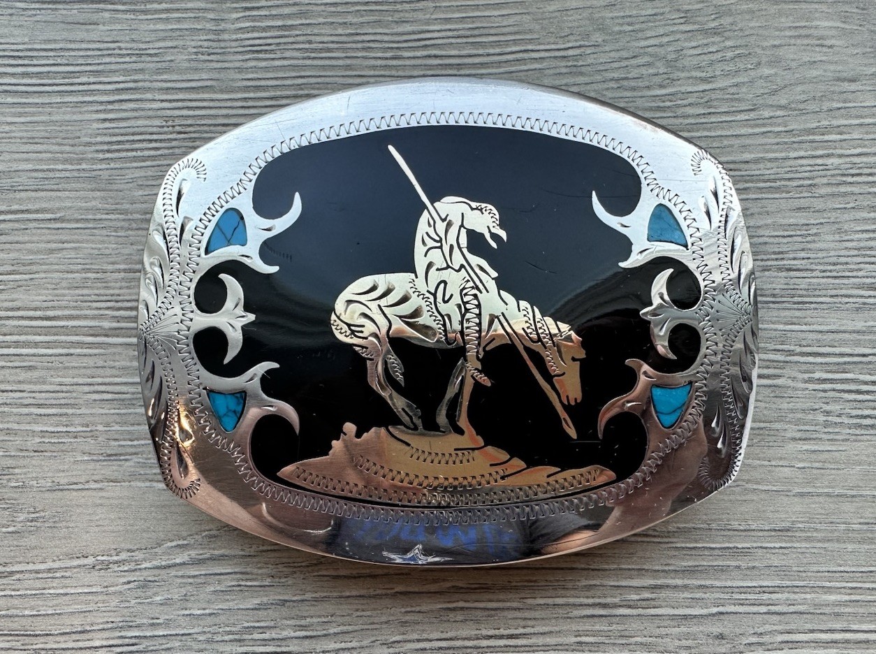 End Of The Trail Belt Buckle Turquoise Inlay Western Vintage