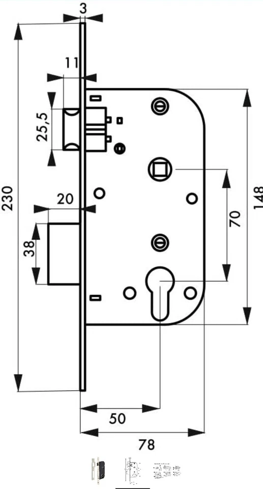 Serrure encastrable à cylindre pour porte d'entrée, axe 50mm, bouts carré - Photo 2/2
