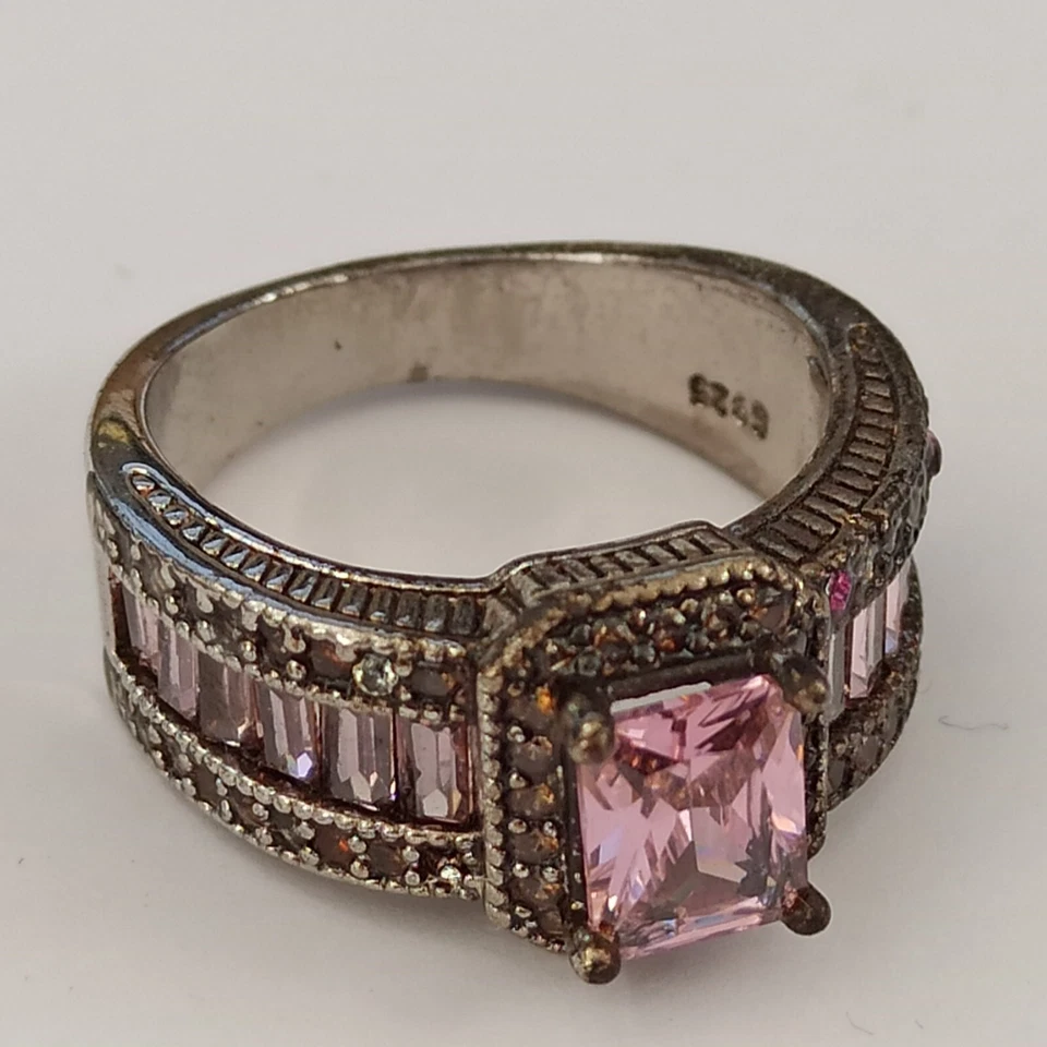 Pink Quartz Ring Art Deco Revival Crystals 925 Silver Plated Royal Tennis Band - Image 2 of 4