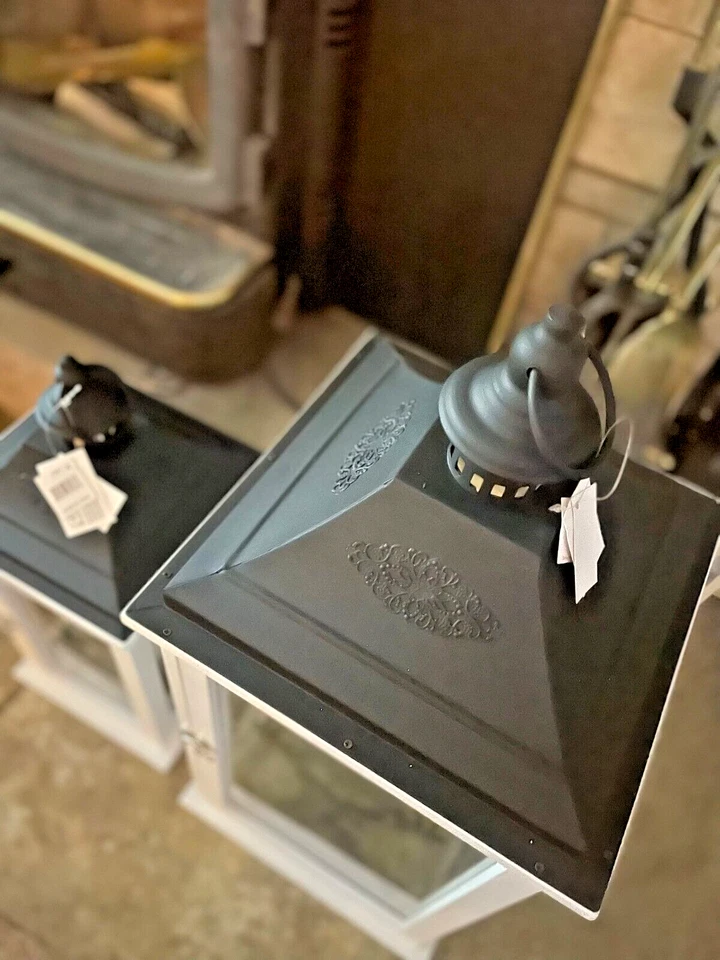 2 pc Set Merry Christmas Lantern Deer Glass White Wood Black Metal 18" H 23" H - Image 4 of 4