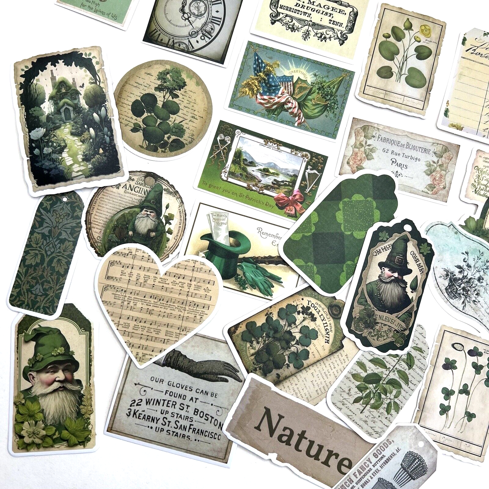 Green St. Patrick's Clover Gnome Stickers Vintage Style Scrapbook Junk Journal