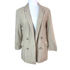 Stradivarius Size M Stripe Double Breasted Linen Look Blazer Jacket Beige White
