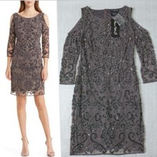 PISARRO NIGHTS Women's 8 Long Sleeve Beaded Cocktail Mini Dress in ASH D2605