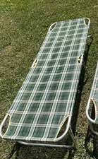 Retro Vtg Aluminum Plaid Folding Camping Cot Mobile Bed Outdoors Lounger Canvas?