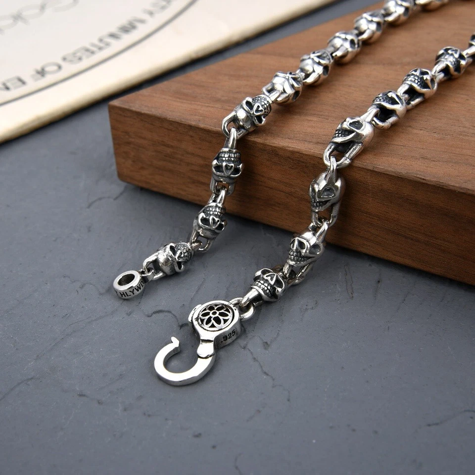 Gargantilla collar calaveras de plata esterlina 925 real para hombre vintage punk hip hop Foto 3 de 4